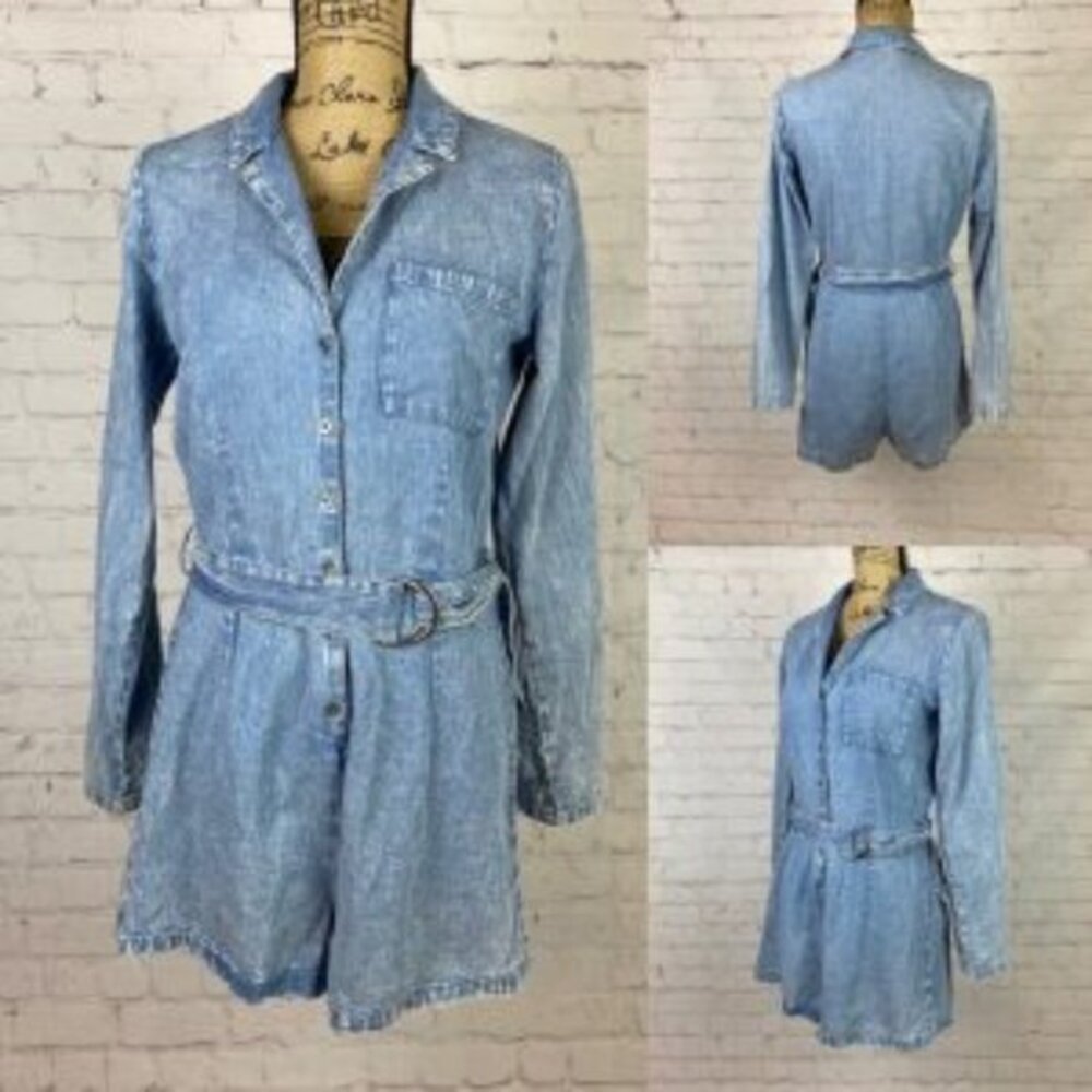 Gianni Bini Lightweight Denim Button Front Belted Romper